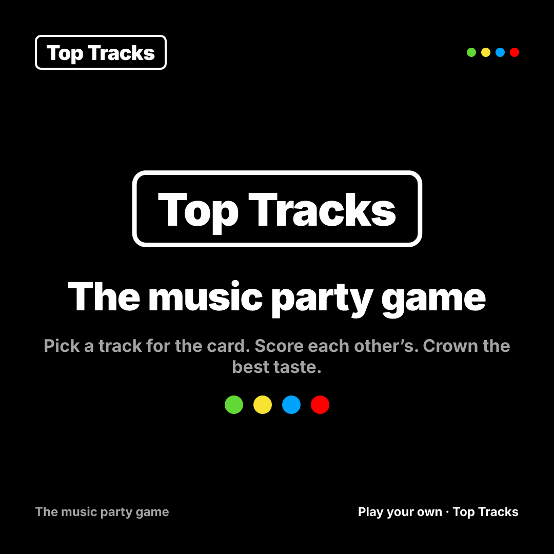 The Top Tracks wordmark above the words 'The music party game' and four coloured dots in green, yellow, blue and red.